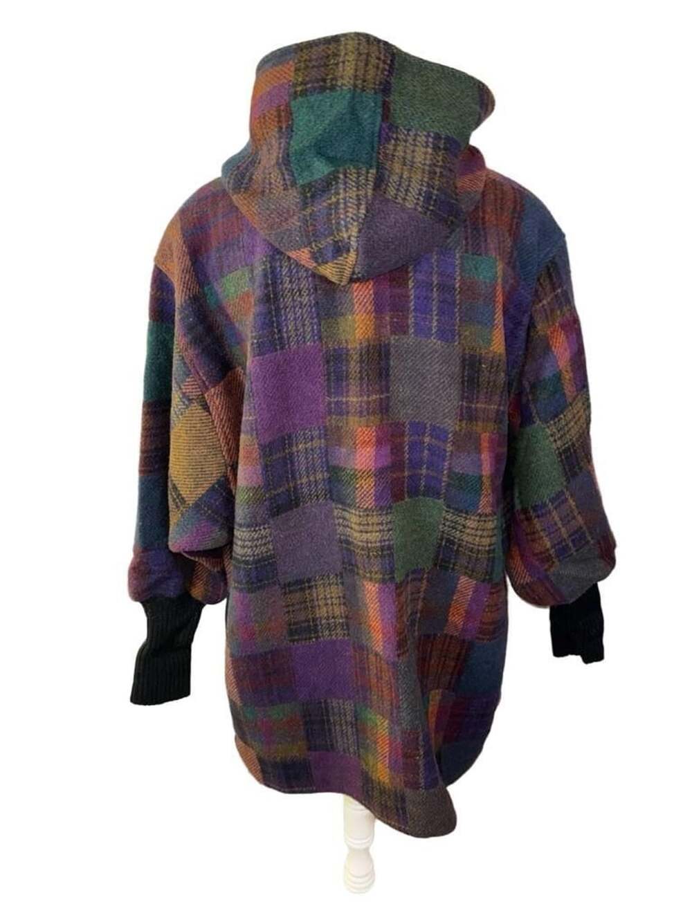 Bambi Fashions Vintage Multi-Color Plaid Patchwork Hooded Coat with Knit Cuffs - Picture 5 of 8